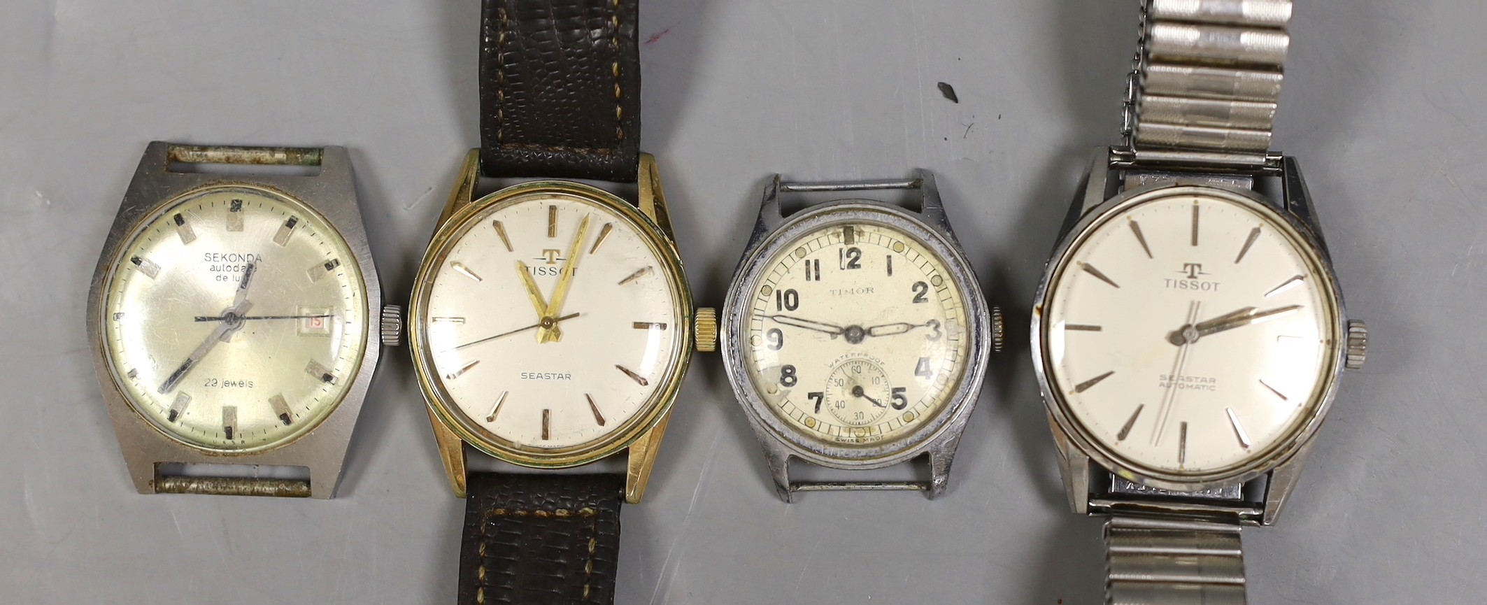 Two gentleman's Tissot Seastar steel or steel and gold plated wrist watches, including automatic and two other wristwatches, Timor and Sekonda